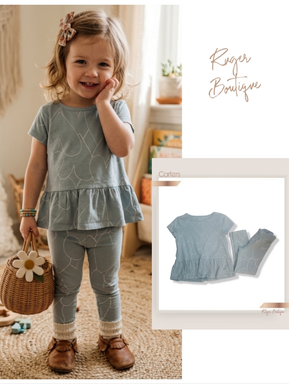 🌿Carter's Sage Green and White Heart Print 2-Piece Outfit Size 4T